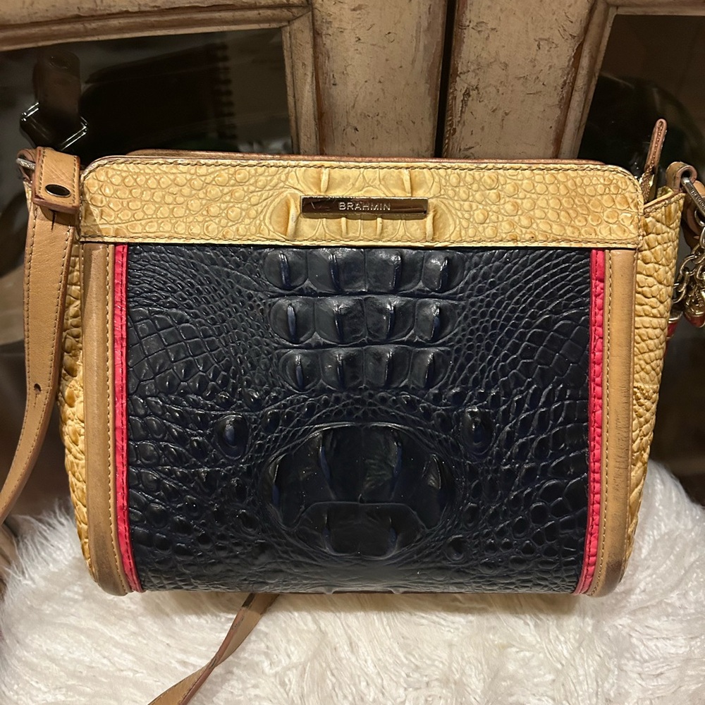 Used Daily- Brahmin Blue and Gold Crossbody Bag with Elegant Design
